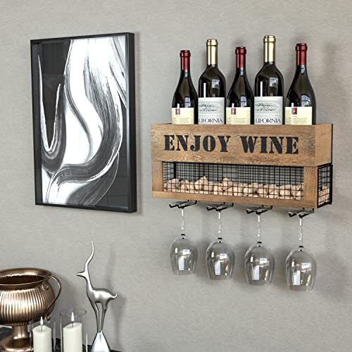 J JACKCUBE DESIGN Wine Rack Wall Mounted Wine Decor, 5 Wine Bottle Storage Shelf with 4 Stemware Wine Glass Holder Organizer, Cork Storage Display for Kitchen, Home Bar - MK450A