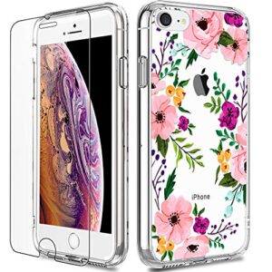 luhouri iphone 8 case, clear iphone 7 case with screen protector, girls women floral heavy duty protective hard case with slim soft tpu bumper cover phone case for iphone 8 and iphone 7