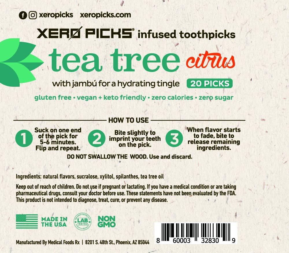 Xero Picks Tea Tree - Infused Flavored Toothpicks For Long Lasting Fresh Breath & Dry Mouth Prevention - 60 Picks - 3 Pack - Citrus