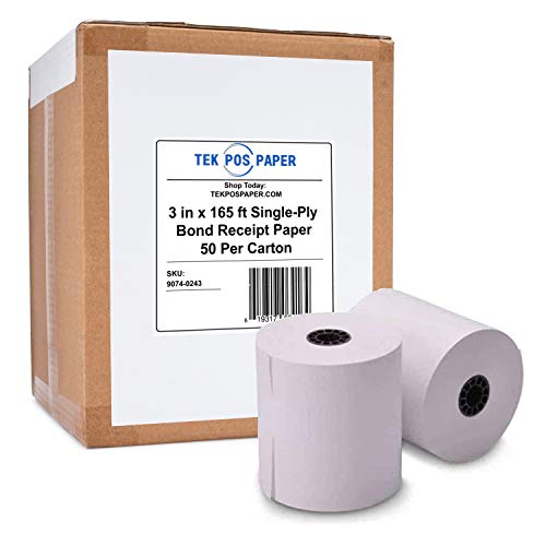 TEK POS - 1-Ply - Kitchen Printer Bond Receipt Paper - 3" x 165’ - White - 50 Rolls - USA Made