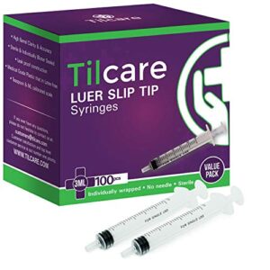 3ml syringe without needle luer slip 100 pack by tilcare - sterile plastic medicine droppers for children, pets or adults – latex-free oral medication dispenser - syringes for glue and epoxy