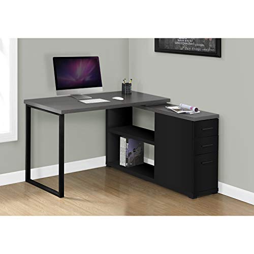 Monarch Specialties Computer L-Shaped-Left or Right Set Up-Contemporary Style Corner Desk with Open Shelves and Drawers, 48" L, Black-Grey Top