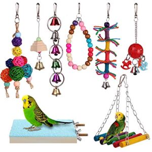 happytoy bird parrot toys 8pcs play set for birds, hanging colorful swing chewing toy bells, ladder swing for small parrots, macaws, parakeets, conures, cockatiels, love birds