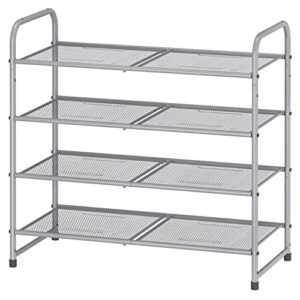 simple trending 4-tier stackable shoe rack, expandable & adjustable shoe shelf storage organizer, metal mesh, silver