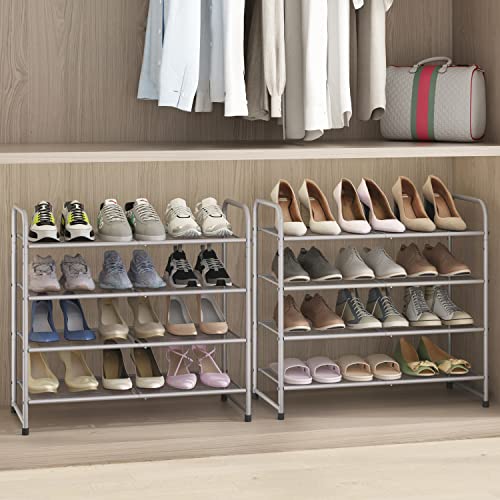 Simple Trending 4-Tier Stackable Shoe Rack, Expandable & Adjustable Shoe Shelf Storage Organizer, Metal Mesh, Silver