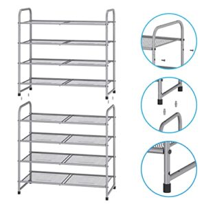 Simple Trending 4-Tier Stackable Shoe Rack, Expandable & Adjustable Shoe Shelf Storage Organizer, Metal Mesh, Silver