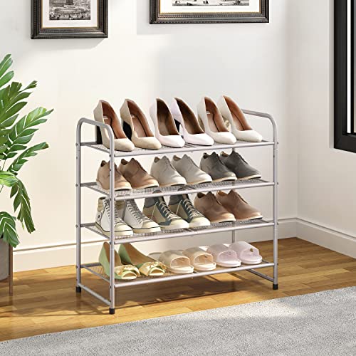 Simple Trending 4-Tier Stackable Shoe Rack, Expandable & Adjustable Shoe Shelf Storage Organizer, Metal Mesh, Silver