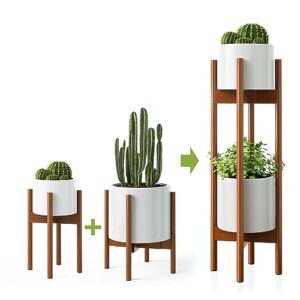 mudeela 2 pack indoor plant stands, 2 tier tall plant stand 30 inches, mid century bamboo plant stand, adjustable width 8 - 12 inches, fits pot size of 8 9 10 11 12 inches, pot & plant not included, brown