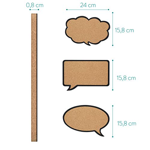 Navaris Cork Bulletin Board Set - 3X Pieces Cork Boards in Cute Decorative Speech and Thought Bubble Shapes with Push Pins for Kitchen, Home, Office