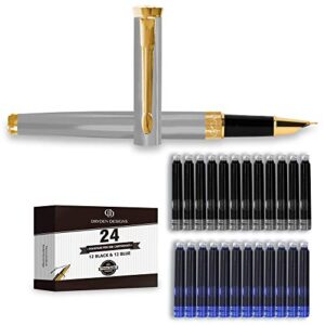 dryden designs fine nib fountain pen - includes 24 ink cartridges - 12 black and 12 blue - silver - smooth elegant writing with fine nib and ink converters