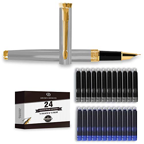 Dryden Designs Fine Nib Fountain Pen - Includes 24 Ink Cartridges - 12 Black and 12 Blue - Silver - Smooth Elegant Writing with Fine Nib and Ink Converters