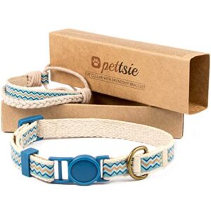 pettsie cat collar breakaway safety and friendship bracelet for you, durable 100% cotton for extra safety, comfortable and soft, d-ring for accessories, gift box included (7.5"-11.5" neck, blue)