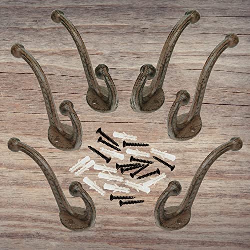 YMAISS Rustic Brown Cast Iron Hooks,Antique Old Shabby Chic Cast Iron Hooks, Wall Mounted Hooks (Set of 6) Vintage Inspired Coats, Bags, Hats, Towels,Matching Screws Included