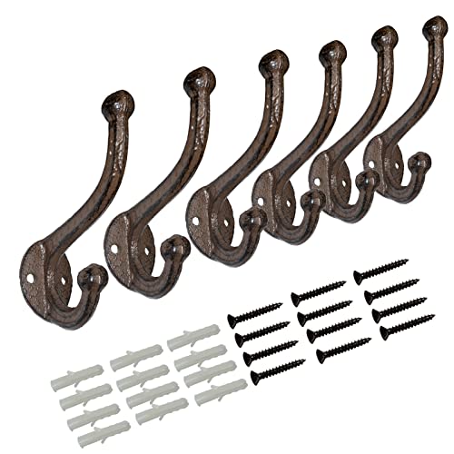 YMAISS Rustic Brown Cast Iron Hooks,Antique Old Shabby Chic Cast Iron Hooks, Wall Mounted Hooks (Set of 6) Vintage Inspired Coats, Bags, Hats, Towels,Matching Screws Included