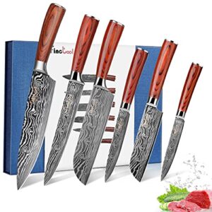 finetool kitchen knife sets, professional chef knives set japanese 7cr17mov high carbon stainless steel vegetable meat cooking knife accessories with red solid wood handle, 6 pieces set boxed knife