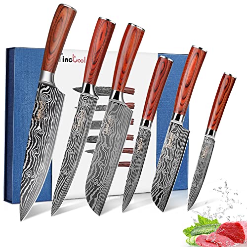 FineTool Kitchen Knife Sets, Professional Chef Knives Set Japanese 7Cr17mov High Carbon Stainless Steel Vegetable Meat Cooking Knife Accessories with Red Solid Wood Handle, 6 Pieces Set Boxed Knife