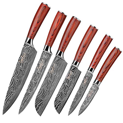 FineTool Kitchen Knife Sets, Professional Chef Knives Set Japanese 7Cr17mov High Carbon Stainless Steel Vegetable Meat Cooking Knife Accessories with Red Solid Wood Handle, 6 Pieces Set Boxed Knife