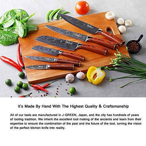 FineTool Kitchen Knife Sets, Professional Chef Knives Set Japanese 7Cr17mov High Carbon Stainless Steel Vegetable Meat Cooking Knife Accessories with Red Solid Wood Handle, 6 Pieces Set Boxed Knife
