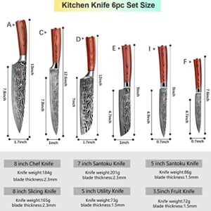 FineTool Kitchen Knife Sets, Professional Chef Knives Set Japanese 7Cr17mov High Carbon Stainless Steel Vegetable Meat Cooking Knife Accessories with Red Solid Wood Handle, 6 Pieces Set Boxed Knife
