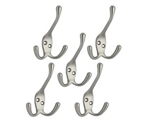 qcaa coat hat hook with three prongs, 4", zinc die cast, satin nickel, 5 pack, made in taiwan