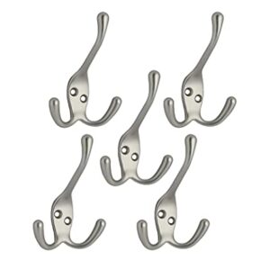 QCAA Coat Hat Hook with Three Prongs, 4", Zinc Die Cast, Satin Nickel, 5 Pack, Made in Taiwan