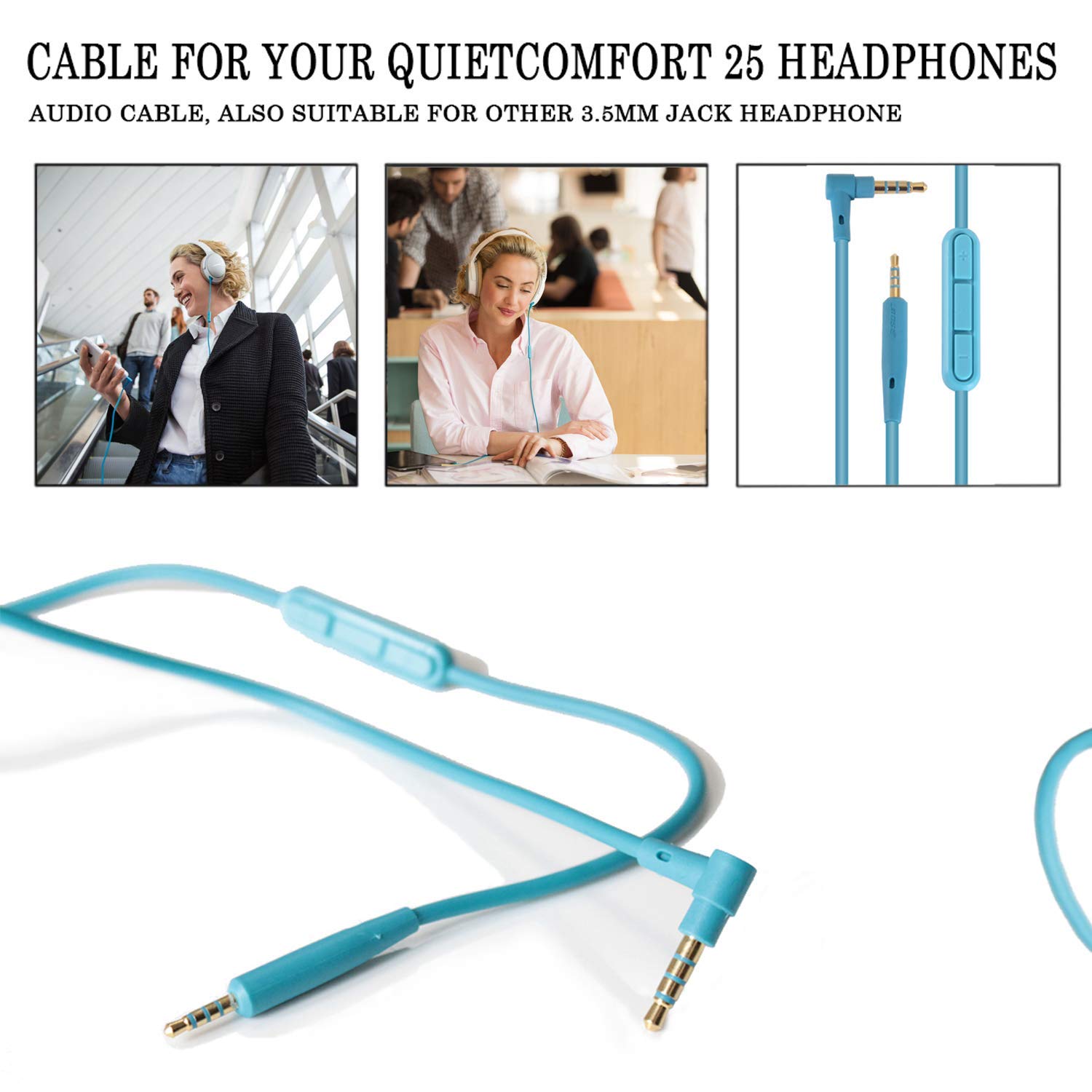 Learsoon Replacement QC25 Audio Cable with Inline Mic Remote Volume Control Compatible with Bose QuietComfort25 QC25 SoundTrue Headphones for iOS Android System (Blue)