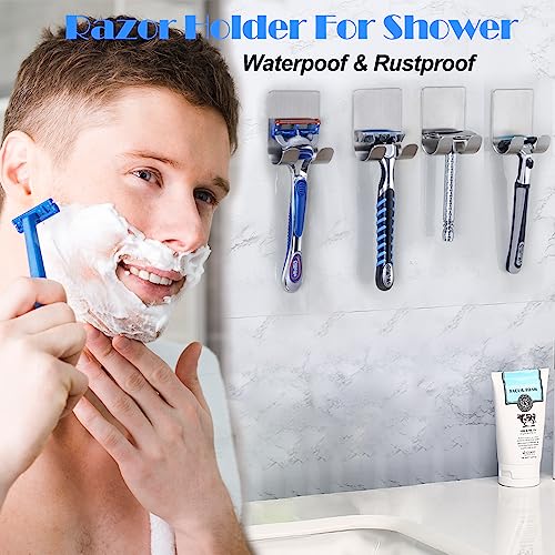 Fotosnow Razor Holder for Shower, Shaver Holder Hanger Wall Adhesive Shower Hooks Stand Stainless Steel Utility Hook Bathroom Kitchen Organizer-4 Packs