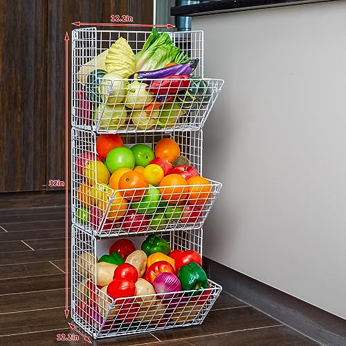 X-cosrack Metal Wire Basket Wall Mount, 3 Tier Wall Storage Basket Organizer with Hanging Hooks Chalkboards, Rustic Kitchen Fruit Produce Bin Rack Bathroom Tower Baskets (White)