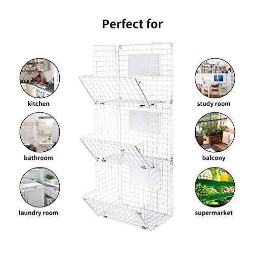 X-cosrack Metal Wire Basket Wall Mount, 3 Tier Wall Storage Basket Organizer with Hanging Hooks Chalkboards, Rustic Kitchen Fruit Produce Bin Rack Bathroom Tower Baskets (White)