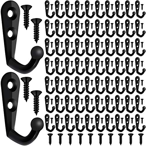 Zhehao 100 Pieces Mini Double Hole Wall Mounted Single Hook Robe Hooks Coat Hooks and 210 Pieces Screws for Hanging Key Hooks Jewelry (Black)