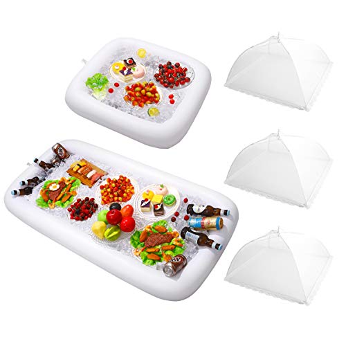 HEMOTON 2PCS Inflatable Serving Bars with Drain Plug - Food Drink Salad Buffet Tray with Mesh Food Cover for Indoor and Outdoor Party Pool Picnic Luau