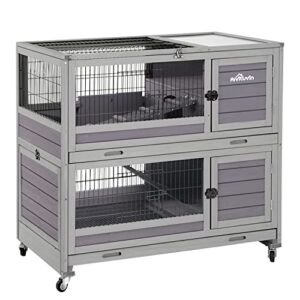 rabbit hutch rabbit cage outdoor & indoor on wheels bunny cage with deep no leak pull out tray,upgrade version (gray)