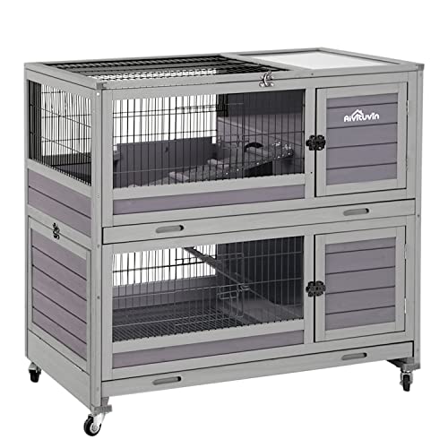 Rabbit Hutch Rabbit Cage Outdoor & Indoor on Wheels Bunny cage with Deep No Leak Pull Out Tray,Upgrade Version (Gray)