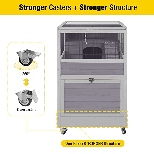 Rabbit Hutch Rabbit Cage Outdoor & Indoor on Wheels Bunny cage with Deep No Leak Pull Out Tray,Upgrade Version (Gray)