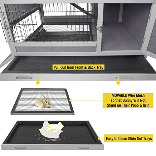 Rabbit Hutch Rabbit Cage Outdoor & Indoor on Wheels Bunny cage with Deep No Leak Pull Out Tray,Upgrade Version (Gray)