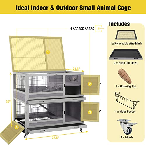 Rabbit Hutch Rabbit Cage Outdoor & Indoor on Wheels Bunny cage with Deep No Leak Pull Out Tray,Upgrade Version (Gray)