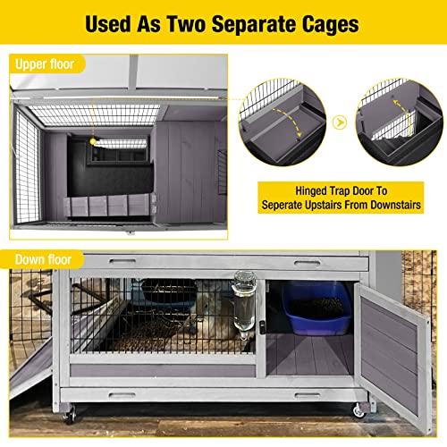 Rabbit Hutch Rabbit Cage Outdoor & Indoor on Wheels Bunny cage with Deep No Leak Pull Out Tray,Upgrade Version (Gray)