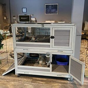 Rabbit Hutch Rabbit Cage Outdoor & Indoor on Wheels Bunny cage with Deep No Leak Pull Out Tray,Upgrade Version (Gray)