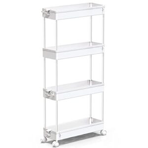 spacekeeper slim rolling storage cart 4 tier bathroom organizer mobile shelving unit utility cart tower rack for kitchen laundry narrow places, white