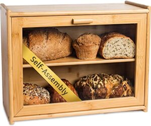 laura's green kitchen large bread box - wood bread box with clear front window - farmhouse style bread bin for kitchen counter - double layer bread storage bin holds 2 loaves - self-assembly