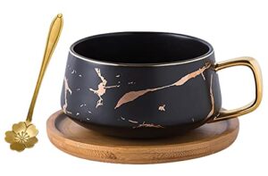jusalpha 10 oz golden hand print tea cup and saucer set/coffee cup and bamboo saucer set tcs19 (black)