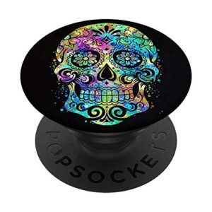 cool sugar skull mexican design colorful paint art on black popsockets popgrip: swappable grip for phones & tablets