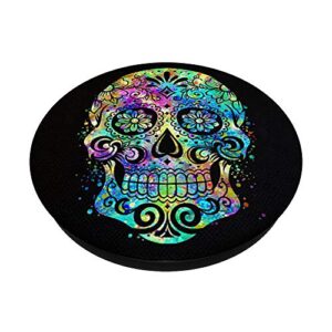 Cool Sugar Skull Mexican Design Colorful Paint Art on Black PopSockets PopGrip: Swappable Grip for Phones & Tablets
