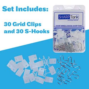 SHARP TANK Clear Grid Clips - 60 Pc Set Ceiling Hook Kit (30 Clips, 30 Hooks) Perfect for Hanging Classroom Decorations, Signs, Decore from Drop Ceiling T-Bar