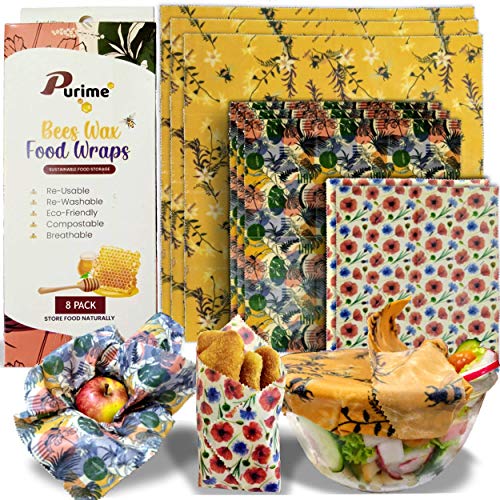 [8 Pack] Beeswax Wrap Reusable Food Wrap for Food Storage Sustainable Organic and Eco Friendly Sandwich Bags 3 Large, 3 Medium, 2 Small