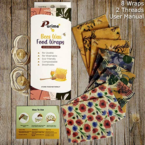 [8 Pack] Beeswax Wrap Reusable Food Wrap for Food Storage Sustainable Organic and Eco Friendly Sandwich Bags 3 Large, 3 Medium, 2 Small