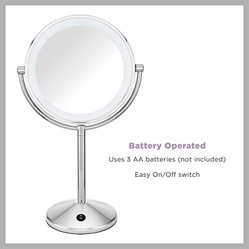 Conair Lighted Makeup Mirror with Magnification, LED Vanity Mirror, 1X/10X Magnifying Mirror, Double Sided Mirror, Battery Operated in Polished Chrome
