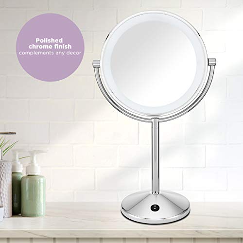 Conair Lighted Makeup Mirror with Magnification, LED Vanity Mirror, 1X/10X Magnifying Mirror, Double Sided Mirror, Battery Operated in Polished Chrome