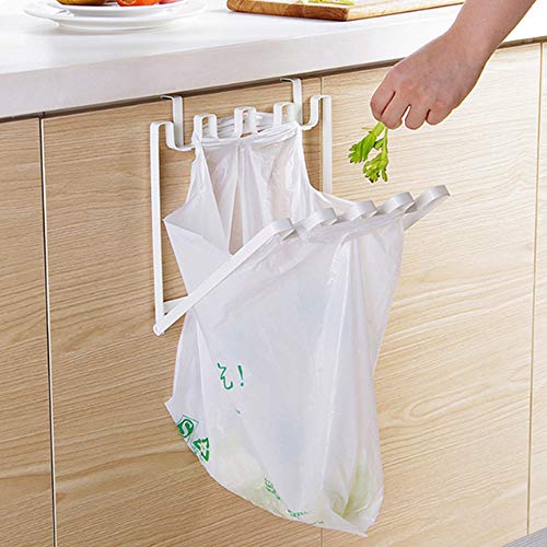 Booluee Folding Trash Bag Holder Garbage Bag Hanging Storage Organizer Rack Towel Gloves Hanger Door Back Type Over Cabinet Door Plastic Bag Trash Bin (White)