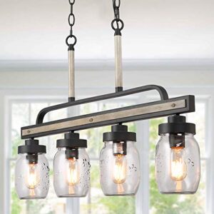 log barn rustic mason jar lights, farmhouse chandelier metal finish with glass shades, linear hanging pendant for kitchen island, dining room